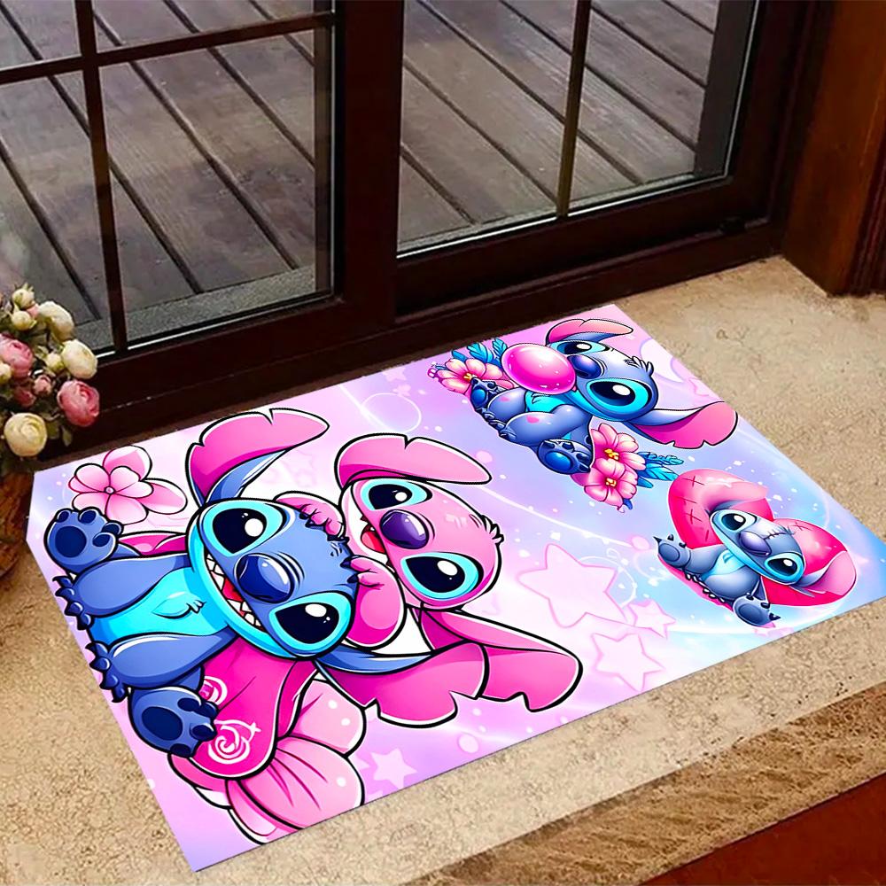 Stitch Adventure In Flowers Disney Cartoon Theme Anti-Slip Rug - Polyester, Home Decor, Suitable for Bedrooms, Living Rooms, Doorways, and Studios