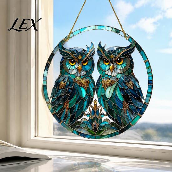Creative Housewarming Gift Double Owl Suncatcher Window Hanging Ornament, Stained Glass Style Circular Wall Pattern Decor, Green Art for Home