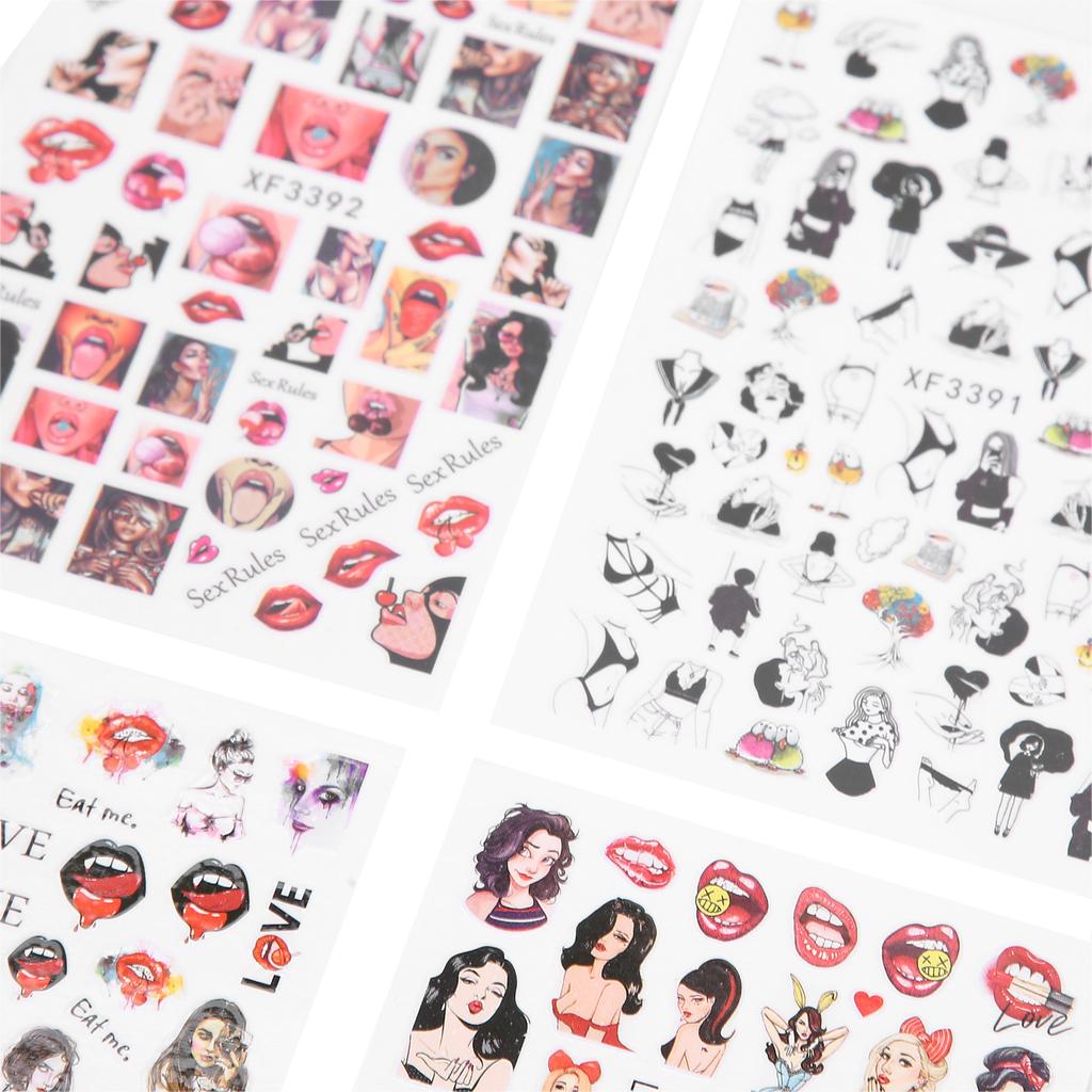 12 Sheet Lips Lady Pattern Nail Art Stickers SelfAdhesive Nail Decals Decoration