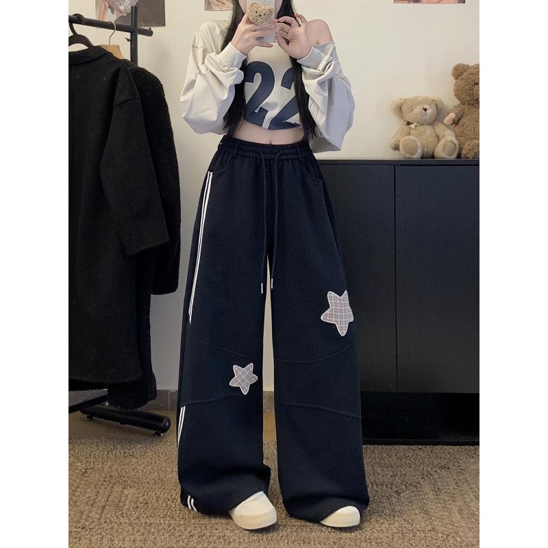 

Women s Casual Sweatpants with Sweet Rabbit Ear Design, Star Patch, Elastic Waistband, and Wide Leg. Large синий