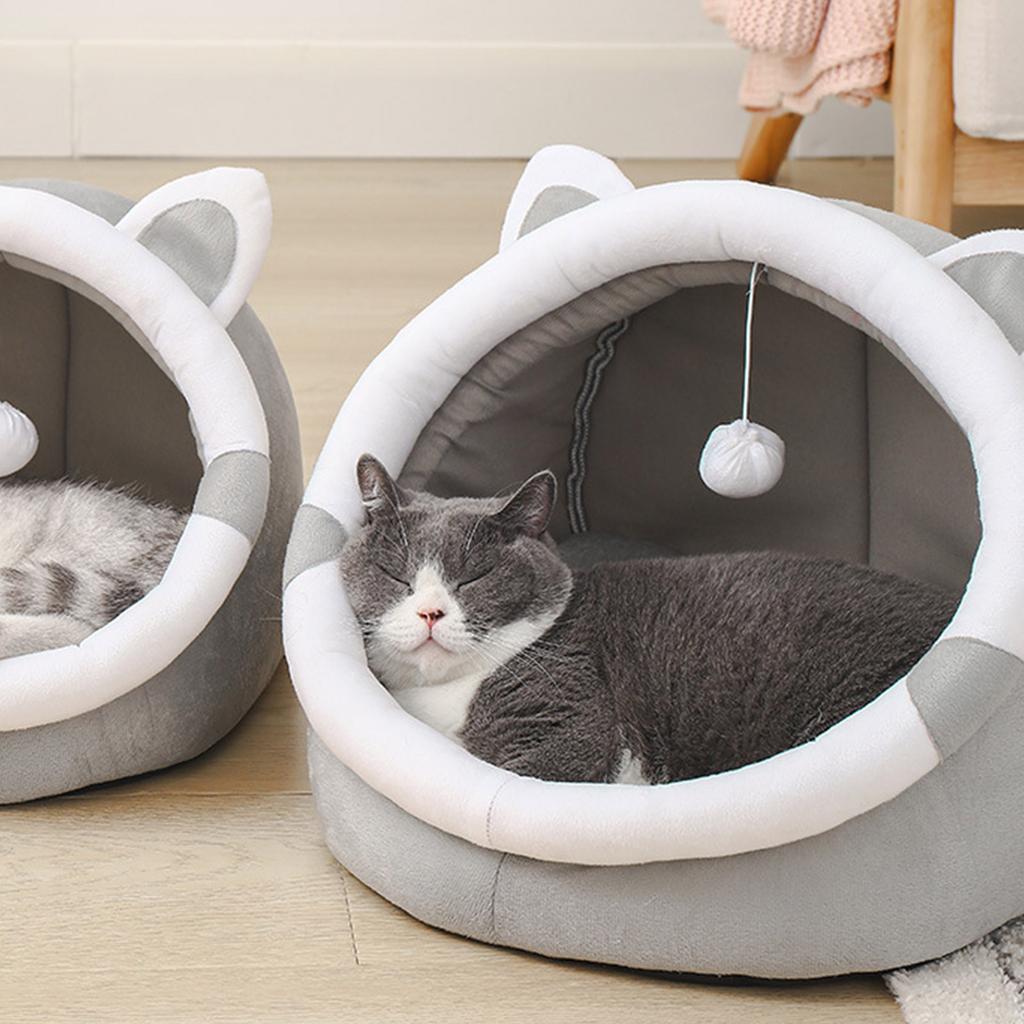 Cute Cat Bed with Teaser Ball Cat Nest Pet House Thicken Cushion Cat Sleeping Bed Antislip Kitten Warm Half Enclosed Bed