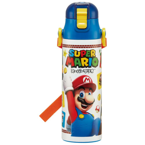 Skater Kids' Stainless Steel Water Bottle, 2-Way Design, 580ml (Direct Drinking) or 570ml (Cup Drinking), Super Mario 23 Design, Kid-Friendly and Ligh