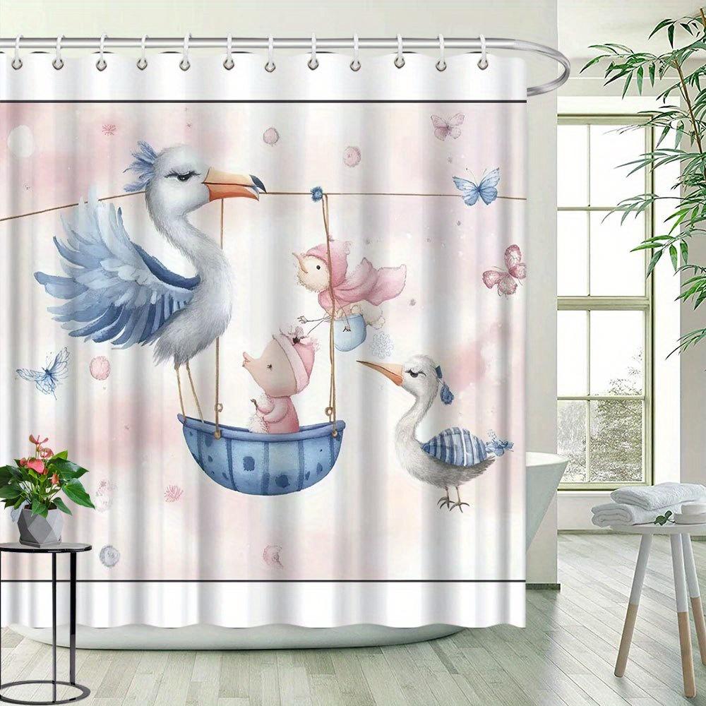Funny Stork & Chick Shower Curtain - Watercolor Style,Animal & Nature Pattern,Polyester Fabric,Bathtub Divider,Includes 12 Hooks