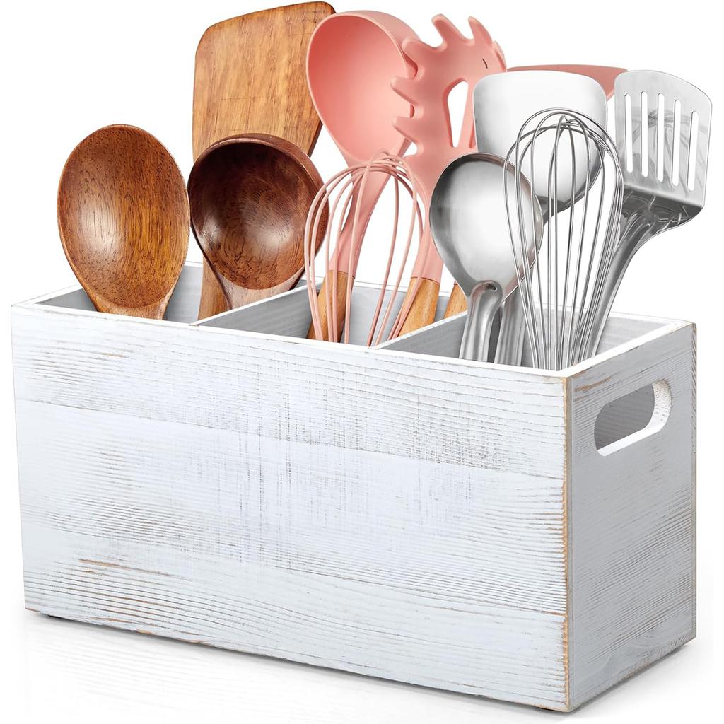 Wood Utensil Holder for Kitchen Counter 3 Compartment Large Cutlery Holder Caddy Organizer for Silverware Fork Spoon Spatula