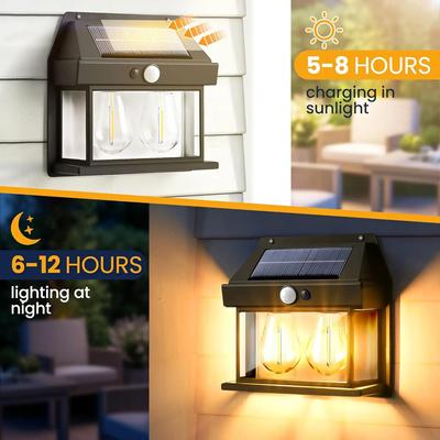 Outdoor Solar Wall Light Dual Bulb Motion Sensor Light Waterproof Solar Porch Light Strip 3 Modes For Courtyard Garage Garden