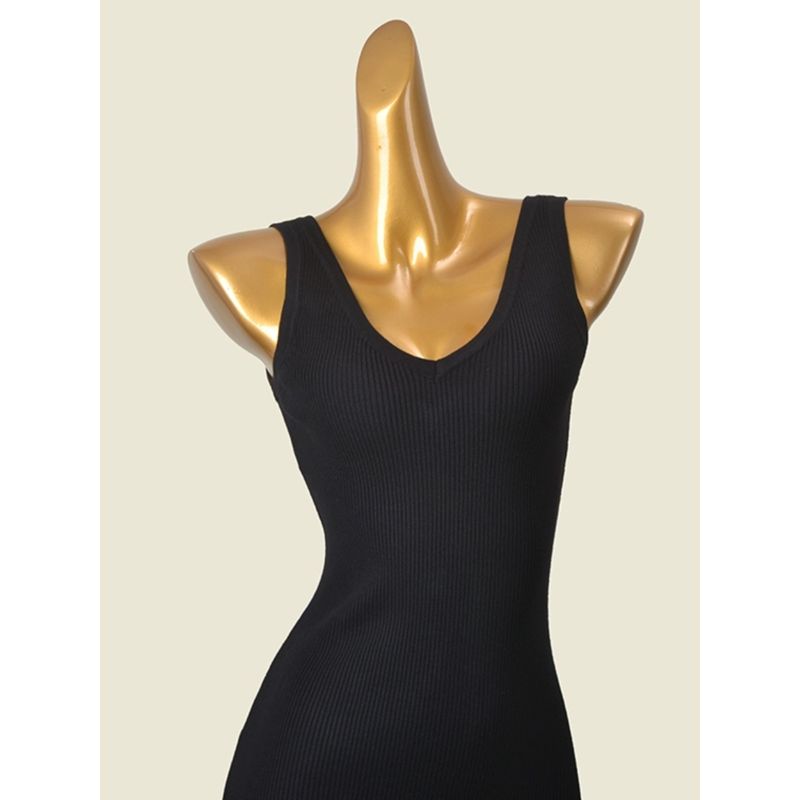American Brand Double V Neck Knitting Long Dress Fashion Wind Black Basic Style Sunken Stripe Silm Base Export Dress