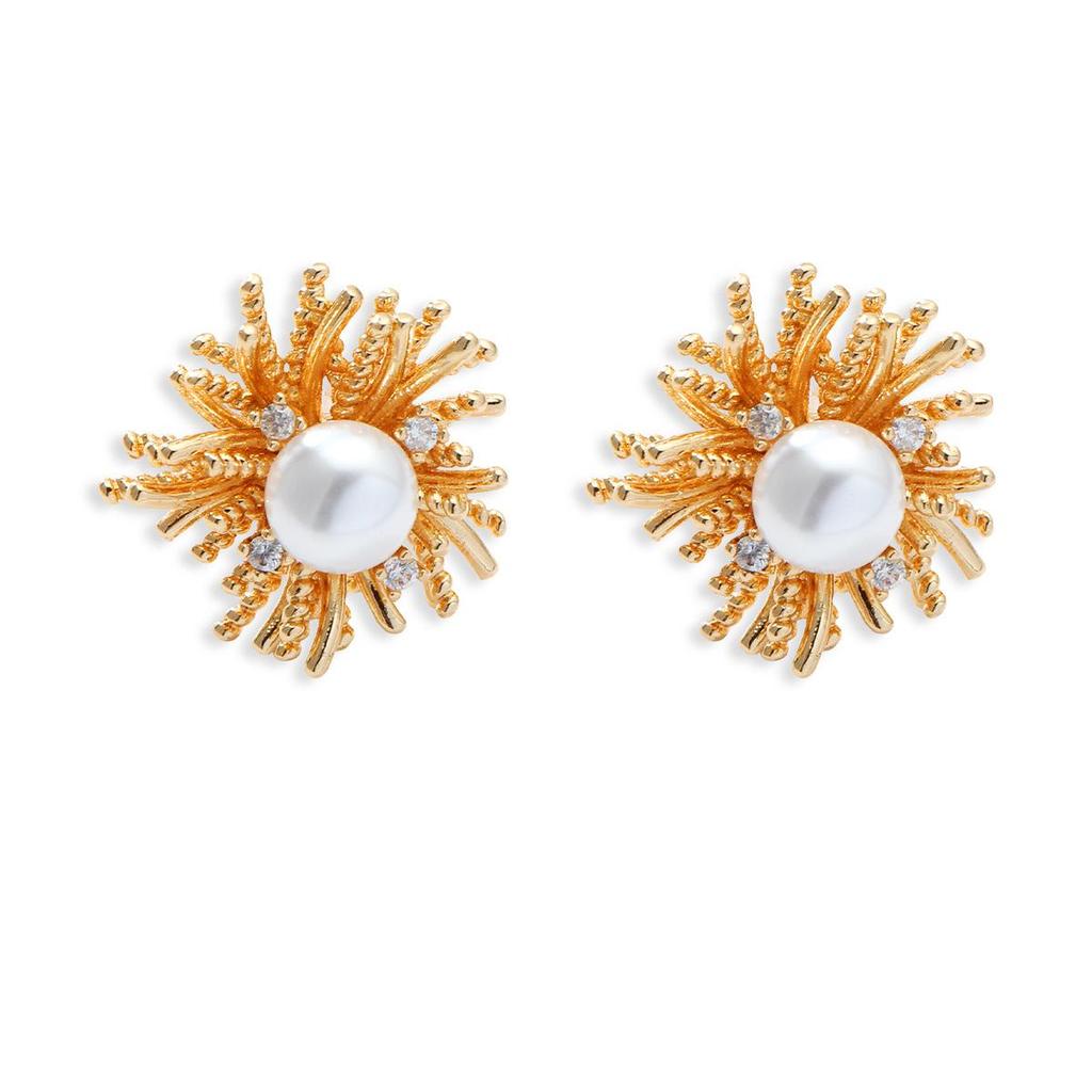 Copper Radiance Firework Pearl Zirconia Stud Earrings - Elegant Golden Women's Jewelry
