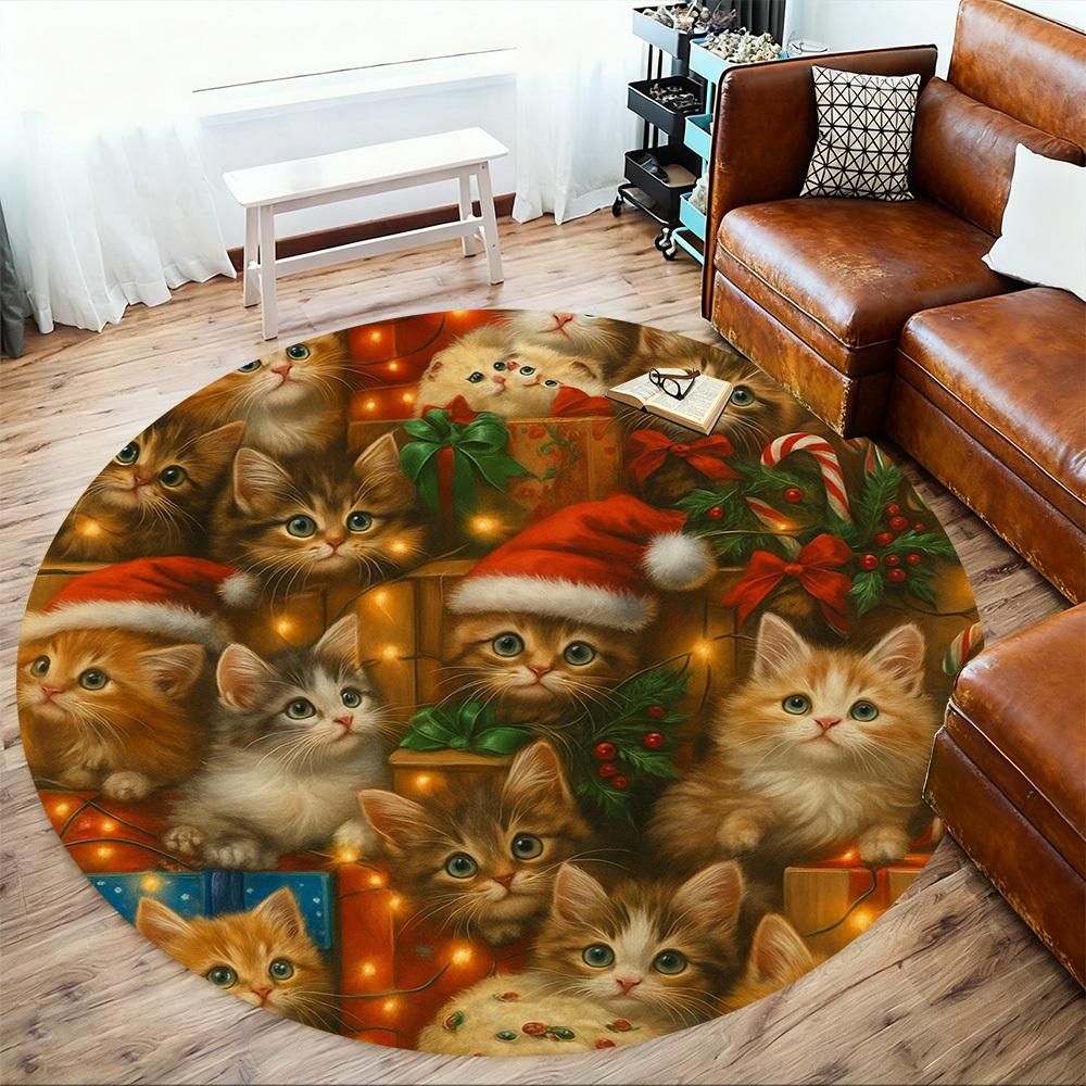 1pc Christmas Kittens Round Chair Mat Area Rug - Non-Slip, Floor Mat for Office, Bedroom, Home Decor Christmas Gift P0811379