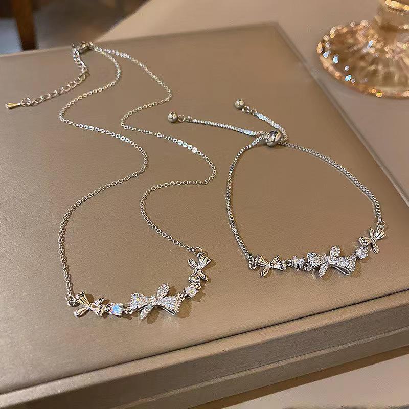 Elegant White Stone Bow Necklace & Bracelet for Women - Versatile, High-End Jewelry with Niche Charm