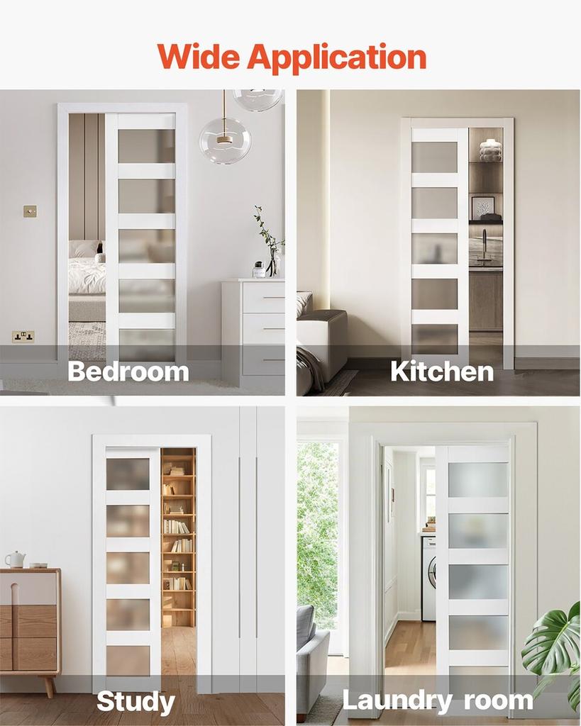 Sliding Pocket Door, 765 x 2035 mm, 5-Lite Frosted Glass Single Sliding Door with Hardware Kit, Sturdy Solid Wood & MDF Pocket Doors Slab with