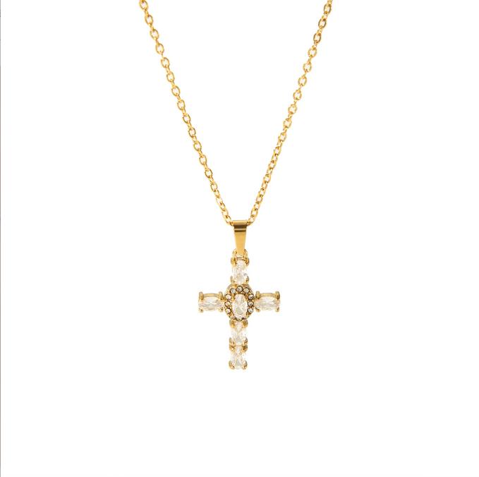 New 18K Gold Stainless Steel Cross Inlaid with Zircon Necklace, Personalized, Fashionable and High-end Pendant
