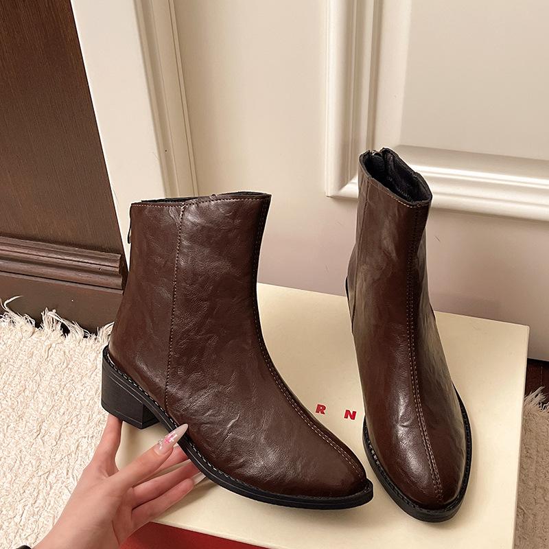 Maillard Brown Square Head Short Boots Women's Autumn and Winter New French Retro Thin V-mouth Ankle Thick Heel Thin Boots