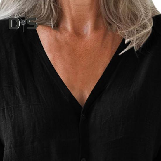 Dámská košile volného střihu s výstřihem do V a 3/4 rukávy, letní top se zapínáním na knoflíky, jednobarevné ležérní tričko pro každodenní nošení