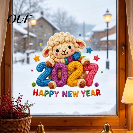 Removable Holiday Stickers Chinese New Year Window Stickers, 2027 Goat Static Clings, Reusable Festival Atmosphere Decals Crochet Knit Lamb Decor for