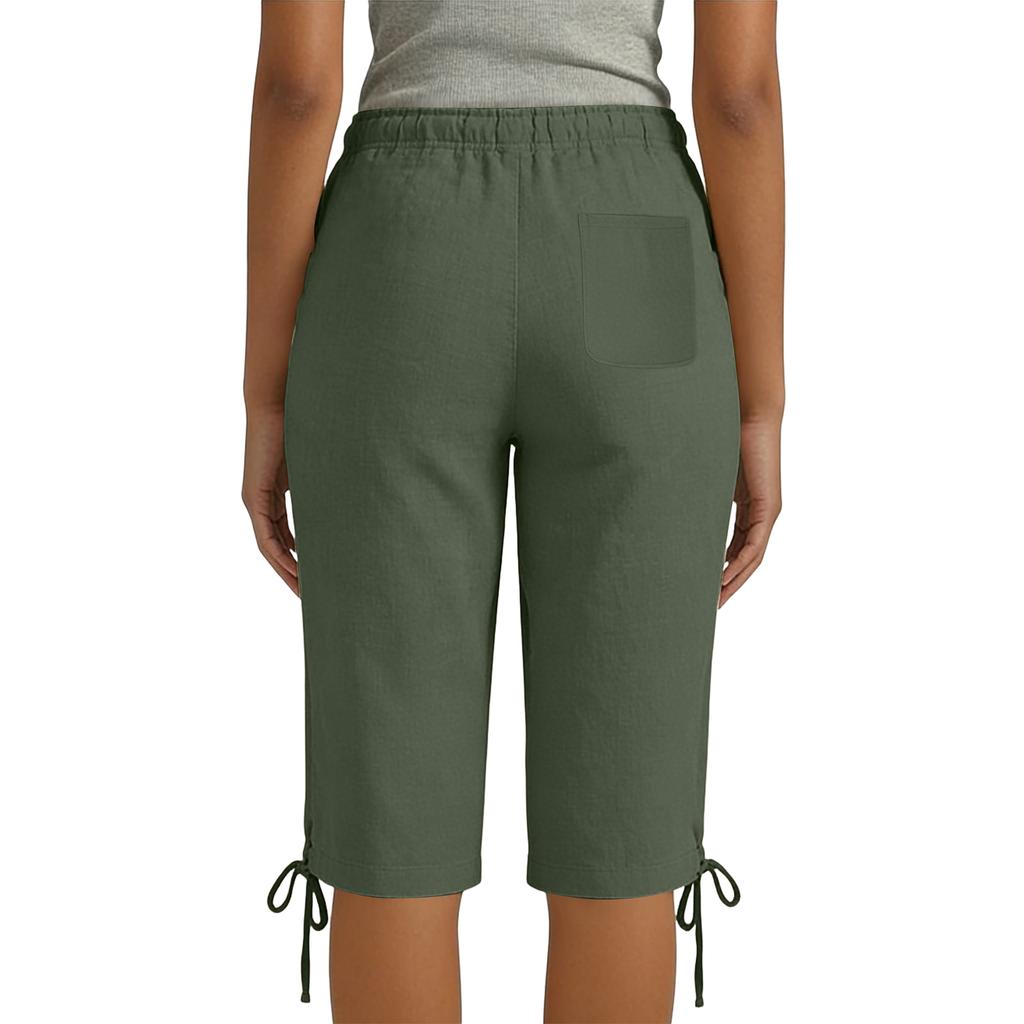 Ladies' casual and fashionable loose waist drawstring five quarter pants with pockets
