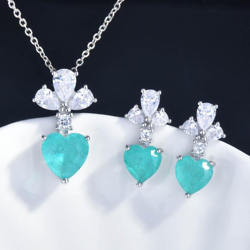 

Sweet Heart Pendant Necklace and Earrings Set for Women with Simulated Paraiba Crystal in Elegant Blue Simple Design