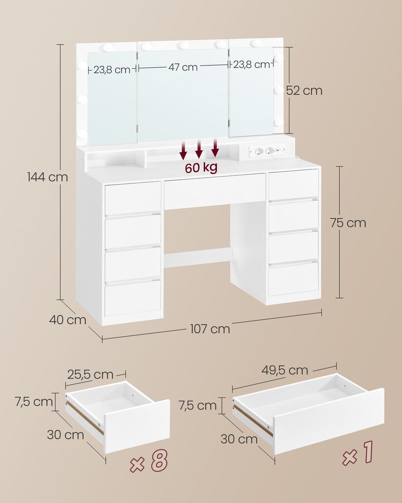 VASAGLE RDT146WB01 Large Dressing Table with Mirror and Plug, Adjustable LED Lighting, Makeup Table with 9 Drawers Dressing Table Modern, White