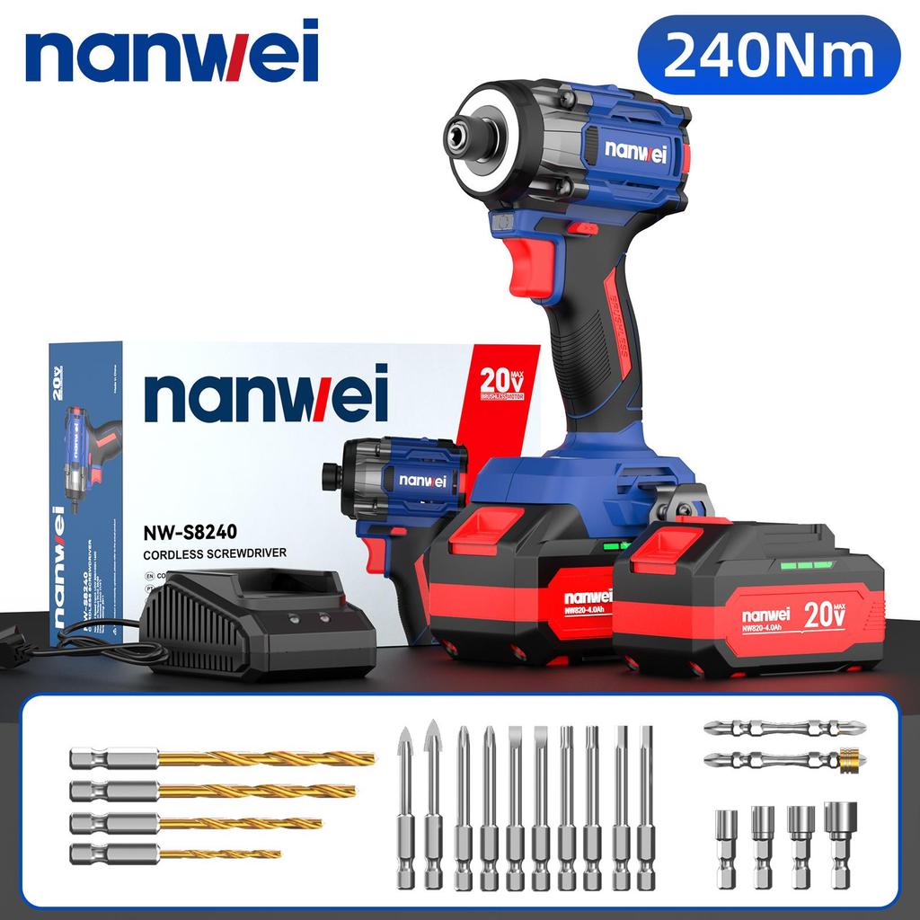 NANWEI 240 Nm Electric Screwdriver 1/4 Inch,with 4-speed Adjustment 60/120/180/240 Nm,3200 Rpm