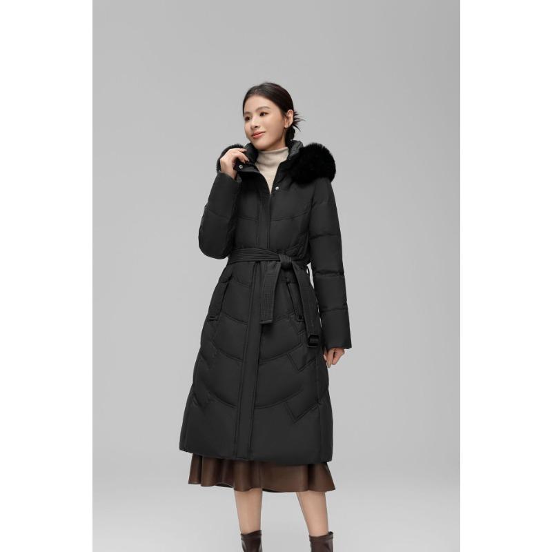 

Женский длинный пуховик ниже колена с меховым воротником, приталенный, на белом утином пуху, новое зимнее пальто M чёрный