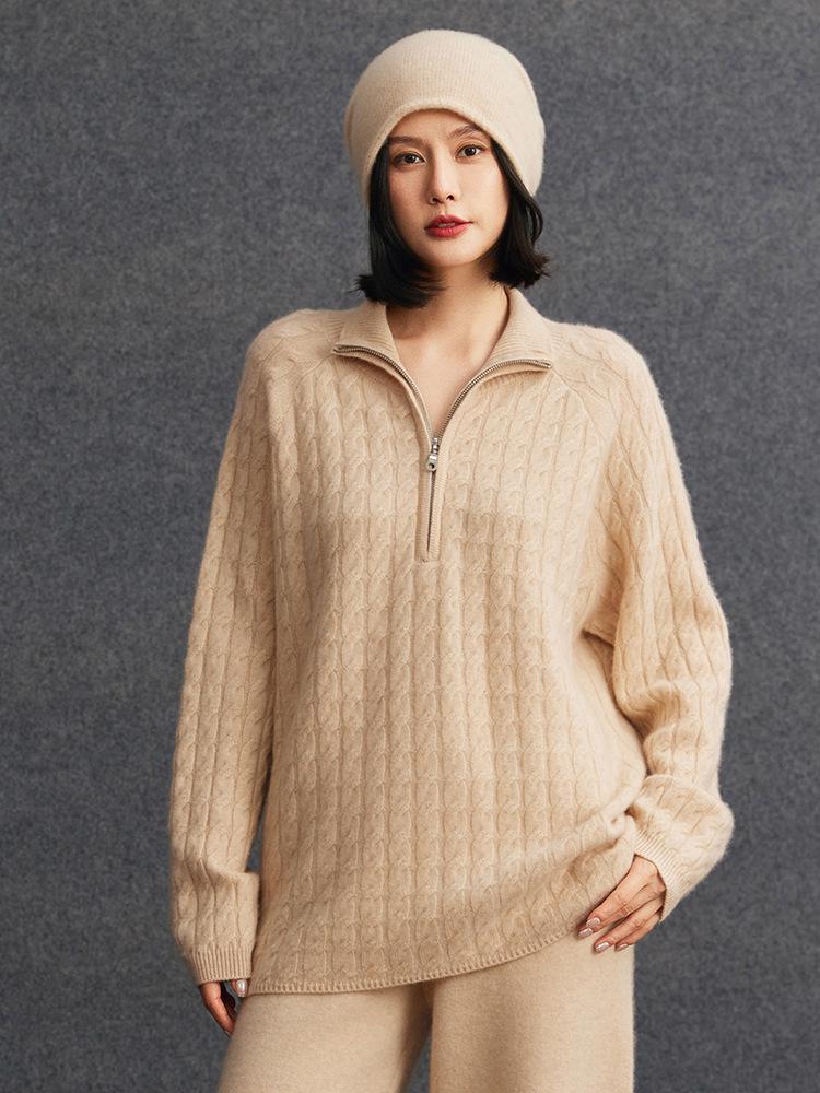 Women's Cashmere Half-Zip Lapel Solid Sweater - 2026 Autumn/Winter Collection, Loose & Slimming Design