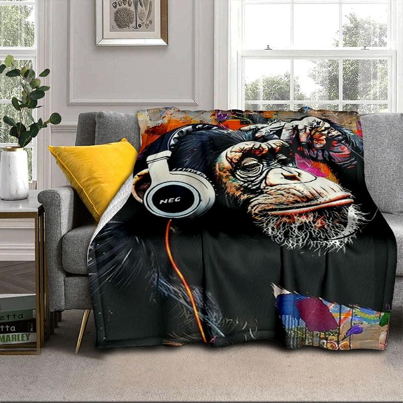 Monkey Music Headphones Blanket Flannel Blanket for bed, sofa, Camping, Hiking, Picnic Essentials, gift for family Fan gifts