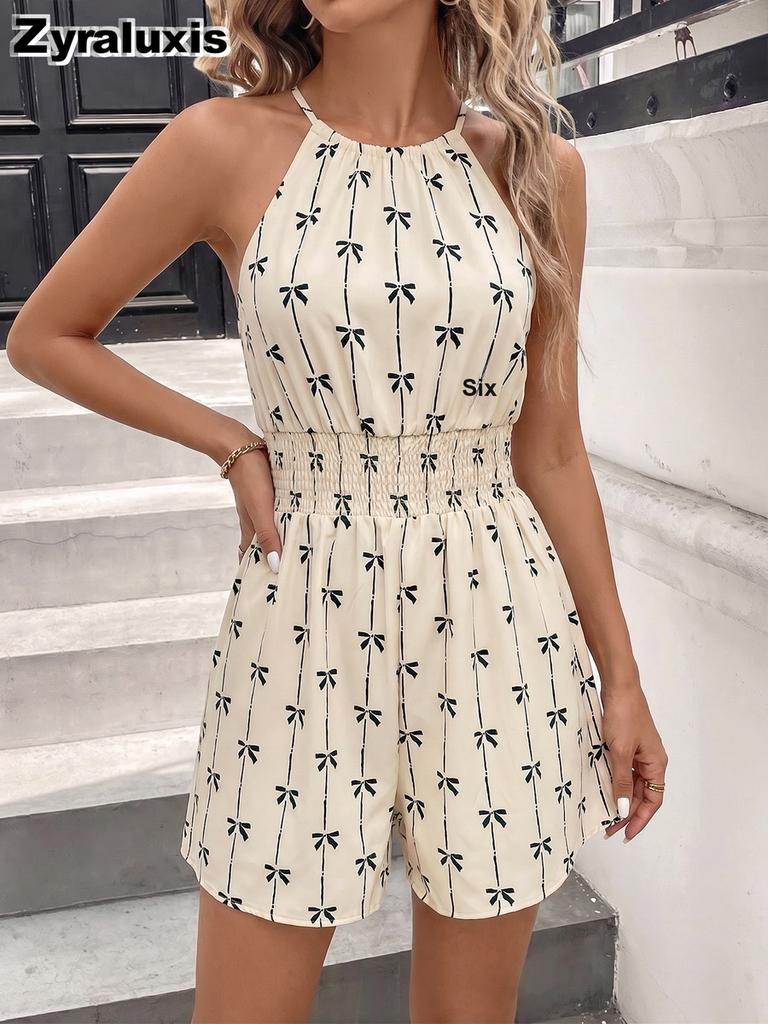 Summer Bow Tie Cami Shorts Fashion Casual Halter One Piece Romper Sleeveless Halter Camisole Shorts