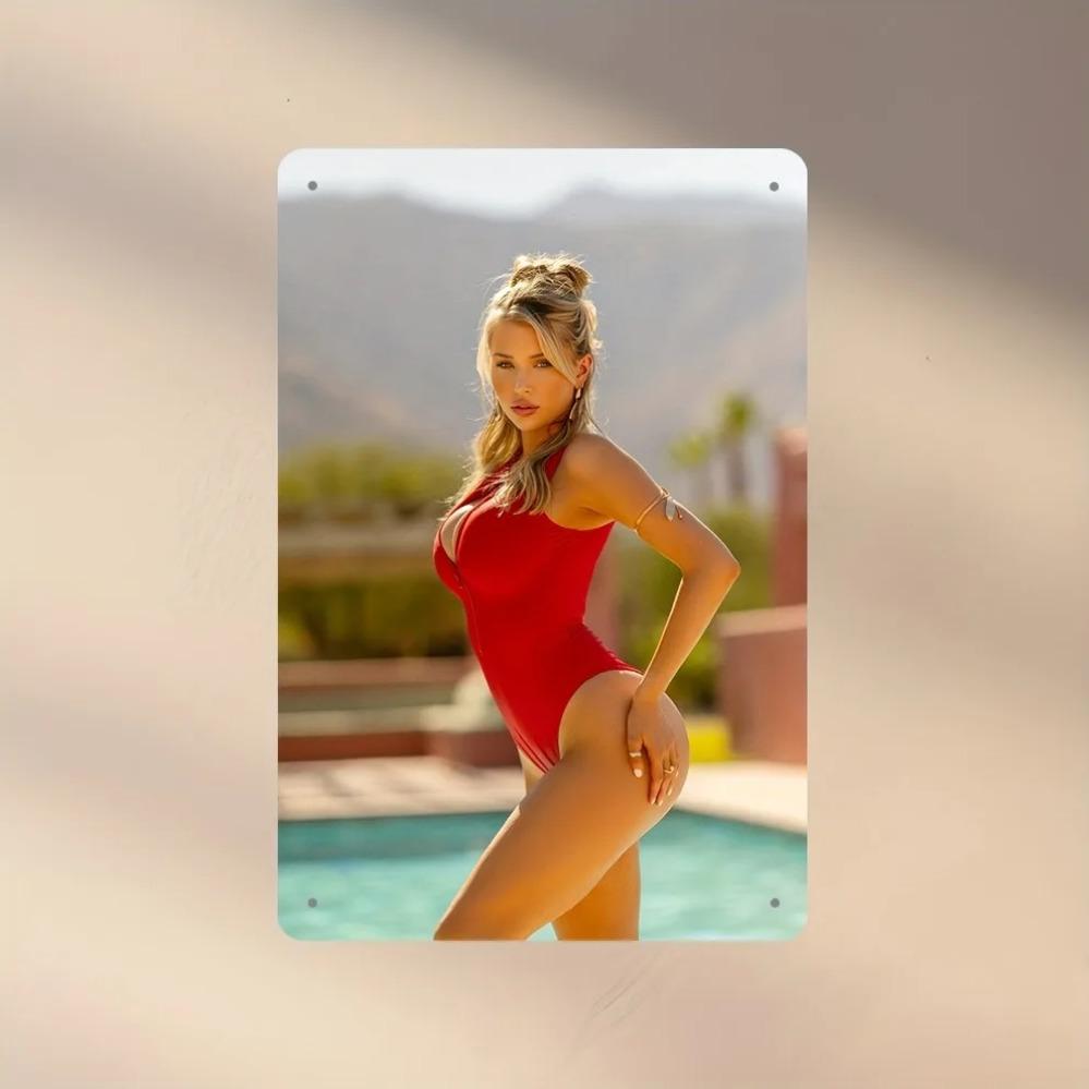 Vintage Metal Wall Art Red Swimsuit Girl Poster 8x12 Inches Retro Poolside Beach Decor for Home Cafe Office