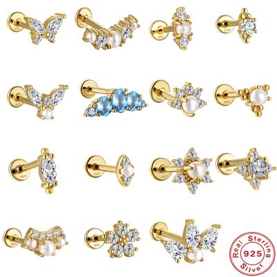 S925 Sterling Silver 16G Flat Head Internal Thread Piercing Cartilage Stud Earrings Earbone Stud Butterfly Pearl Earrings