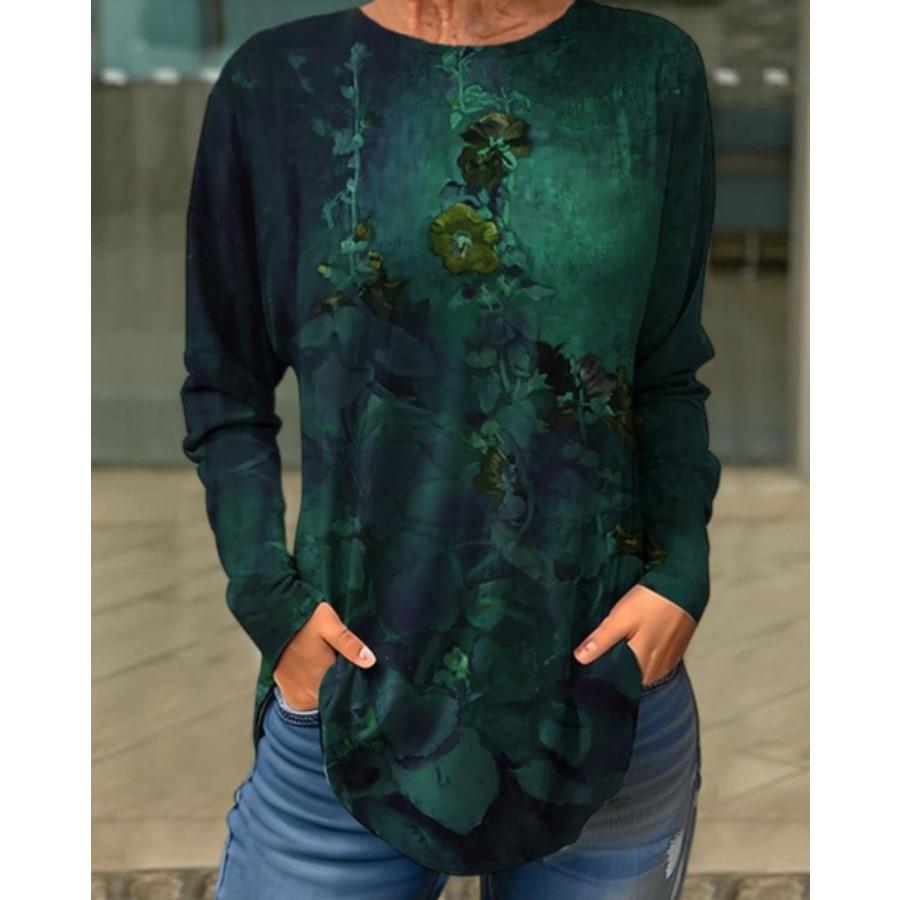 

Винтажные женские футболки с длинным рукавом с 3D-принтом, цветочный круглый вырез, топ для женской одежды 5XL