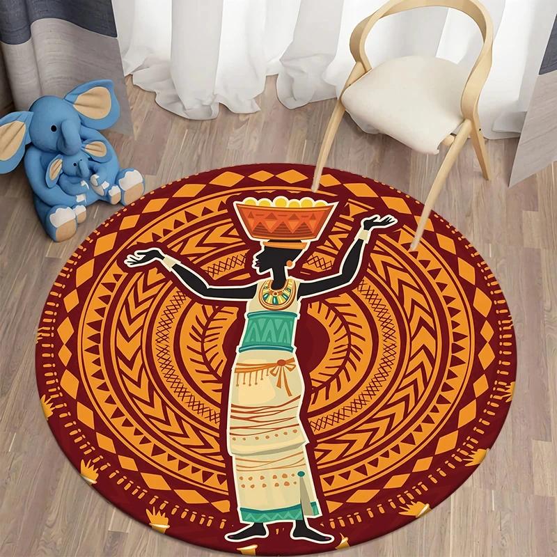 African Women Print Round Carpet Non Slip Area Rug for Living Room Bedroom Balcony Kitchen Decor Traditional Floor Mat Yoga Mats