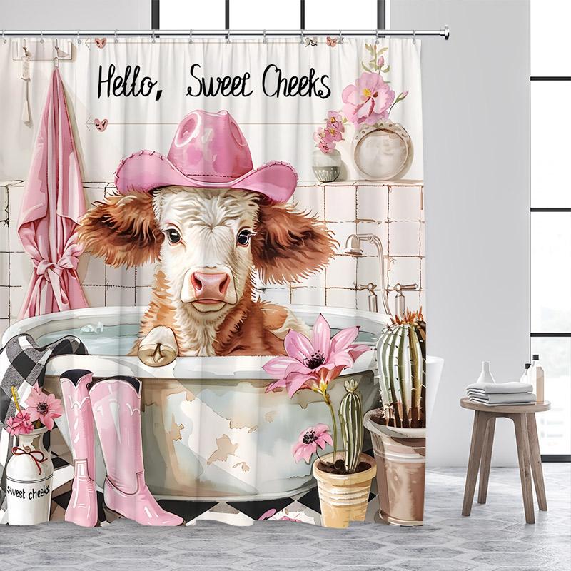Bathing Highland Cattle Shower Curtains Funny Farm Animal Cactus Plant Pink Bath Curtain Set Polyester Bathroom Decor with Hooks