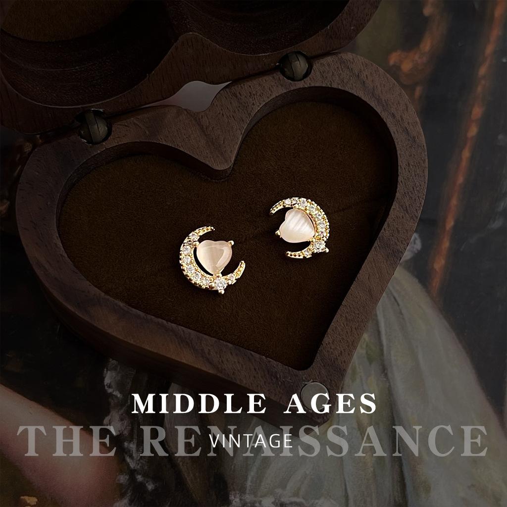 Light moon zircon love glass opal stud earrings fashionable simple commuter style earrings