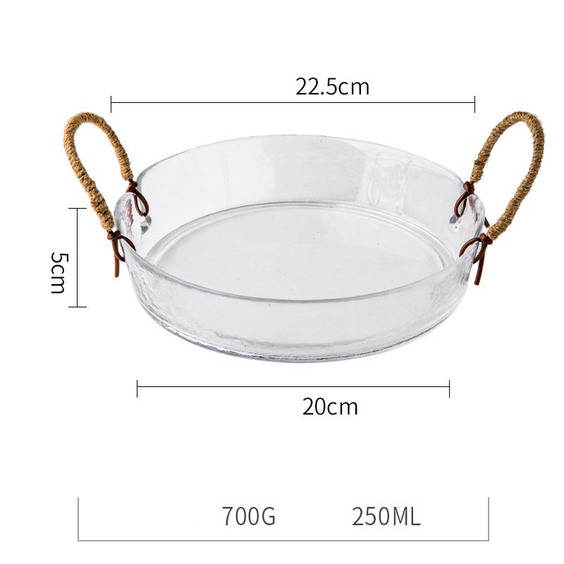 7/8.5 Inches Galss Fruit Plate with Hemp Rope Handle Nordic Large Capacity Salad Bowl Household Thickened Transparent Tableware