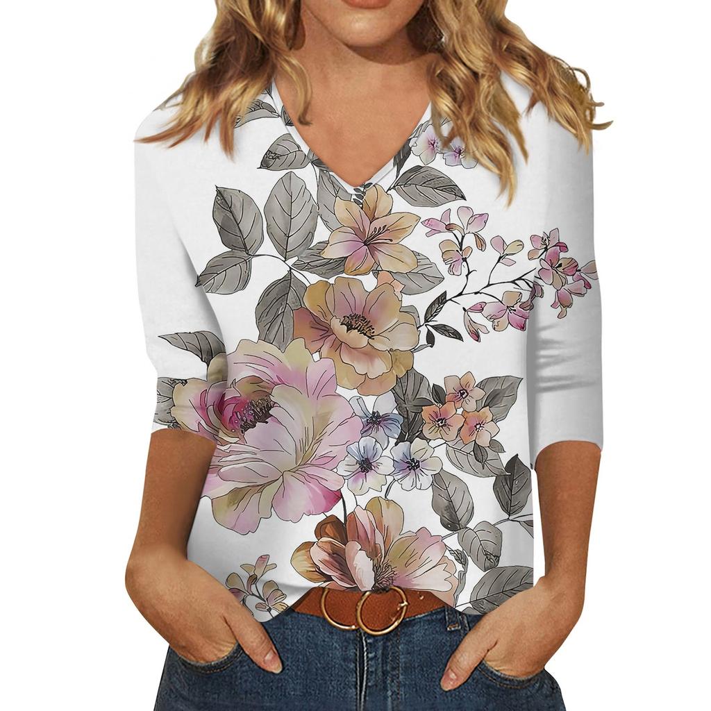 V-neck 3D Flower Pattern Printed Top Fashionable Casual Long Sleeved Women's T-shirts