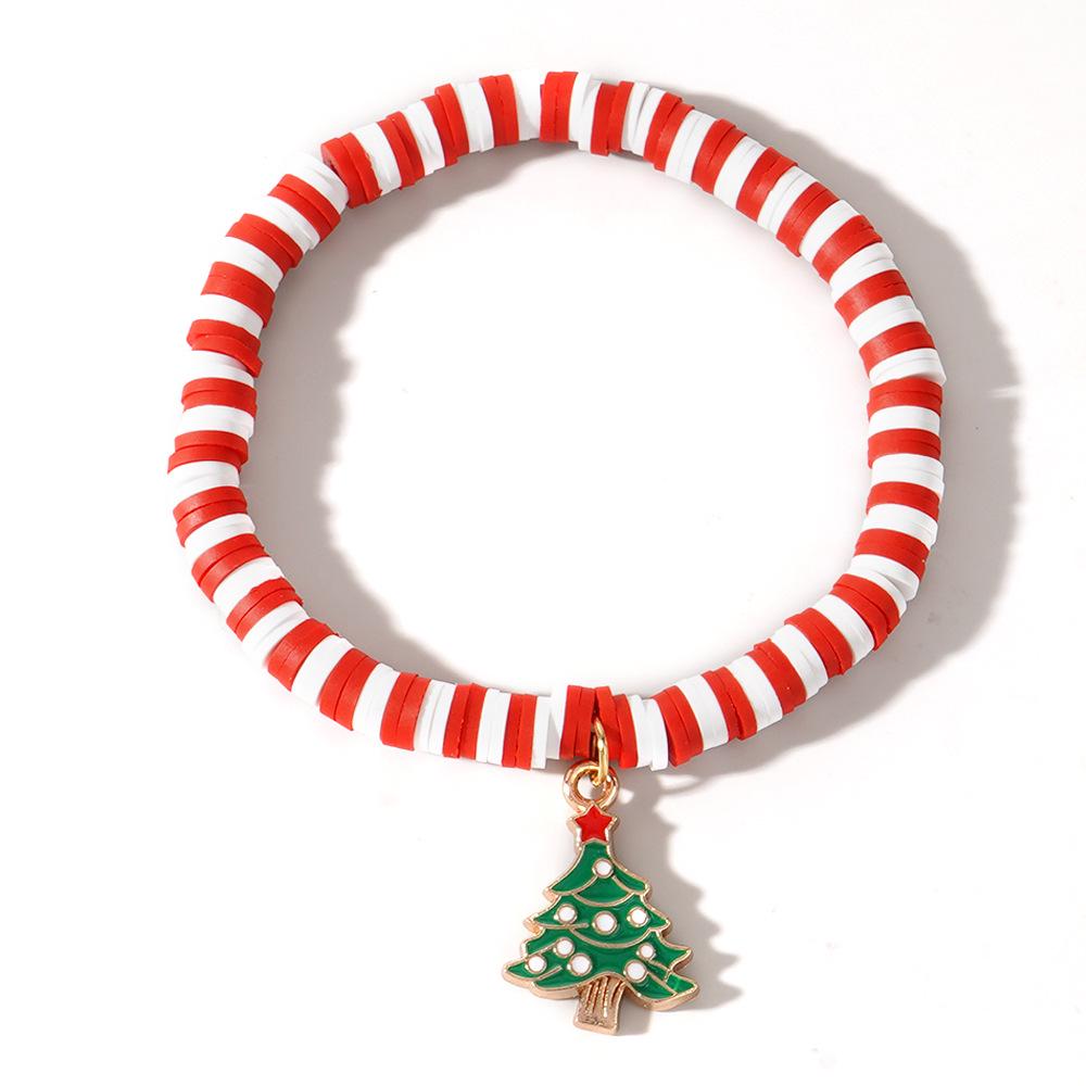 Christmas Clay Beaded Bracelet with Tree, Snowman, Bell & Reindeer Pendants In Red, White & Green - Festive Hand Jewelry