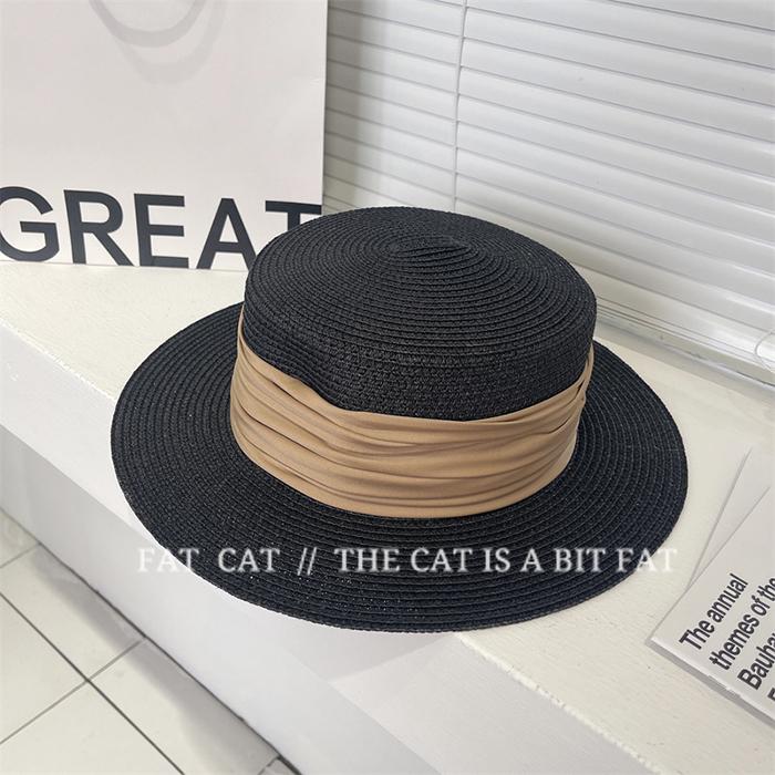 Folded ribbon flat top straw hat women's summer travel sun protection flat top hat vacation hat fashion versatile top hat