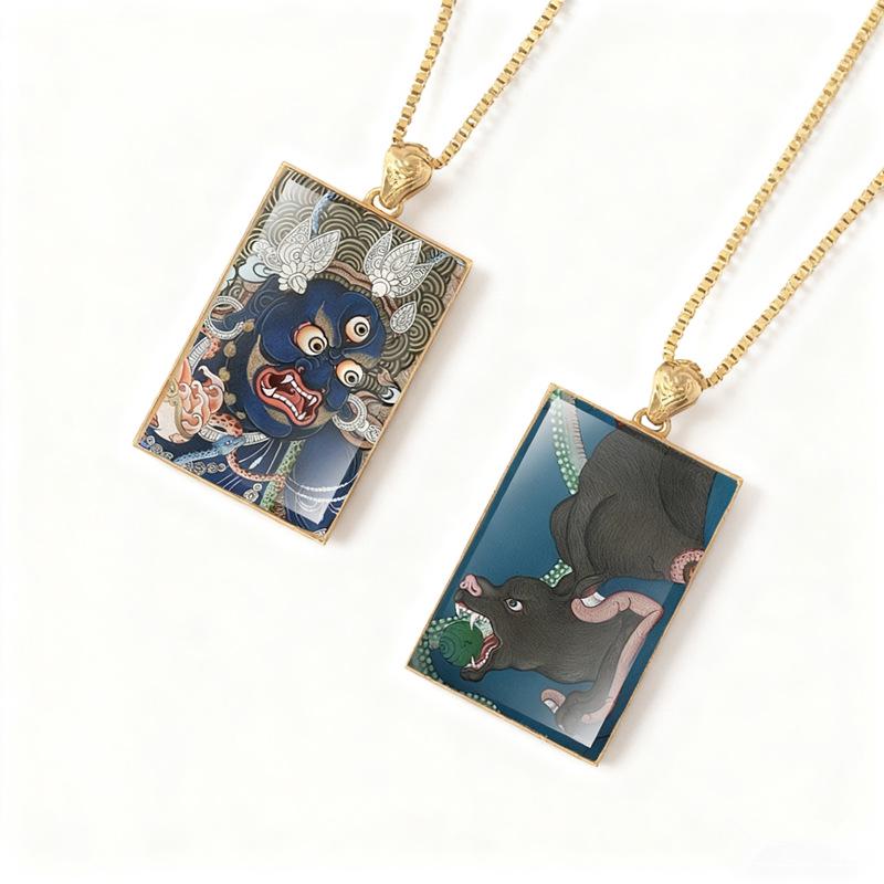 Double-sided Titanium Steel Pendant with Real Gold Plated Gau Box, Hand-painted Green Tara and Wealth Thangka.