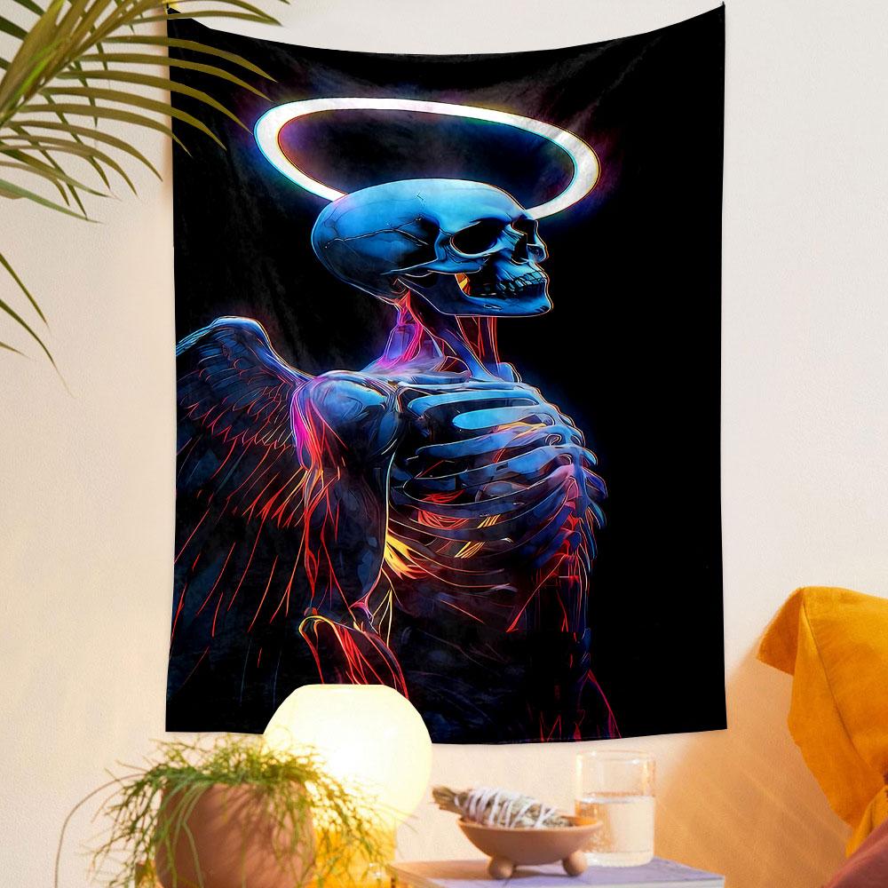 "Glowing Skeleton Angel On Black Background" Patterned Tapestry Home Decor, Suitable for Bedroom and Living Room, Gift