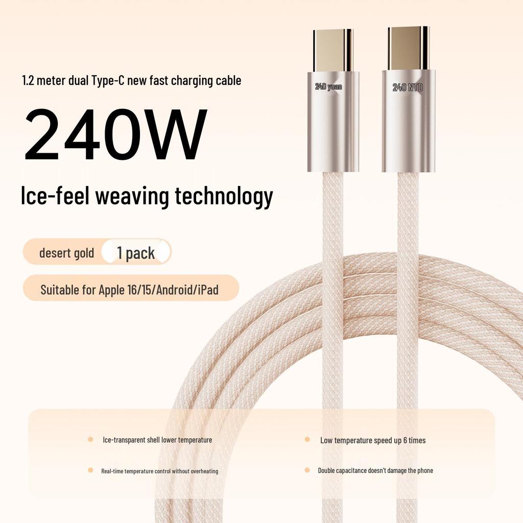240W opletený datový kabel typu C, duální, se pozlacenými konektory, kompatibilní s Apple 8-17 a Android.