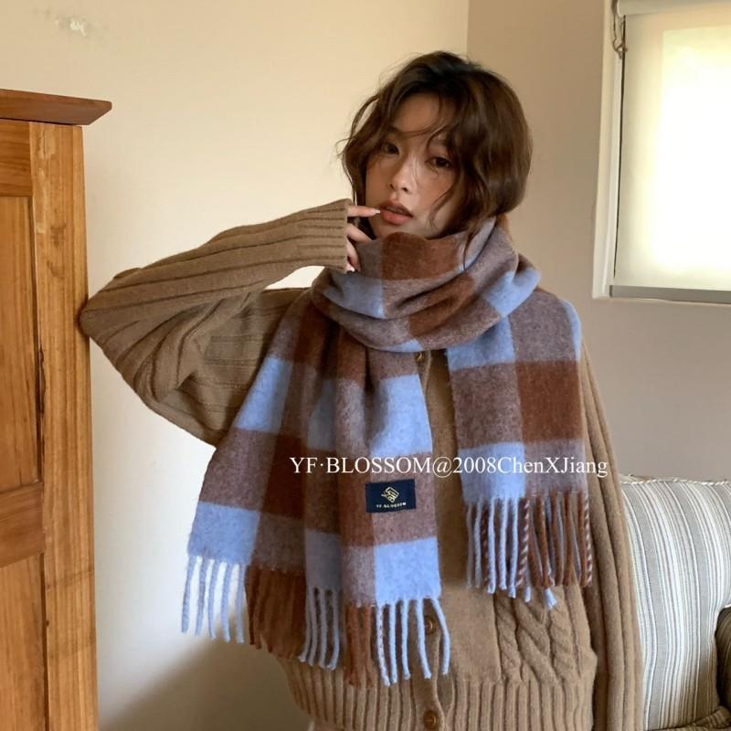 Wool large grid scarf couple versatile warm scarf shawl plaid fringed scarf