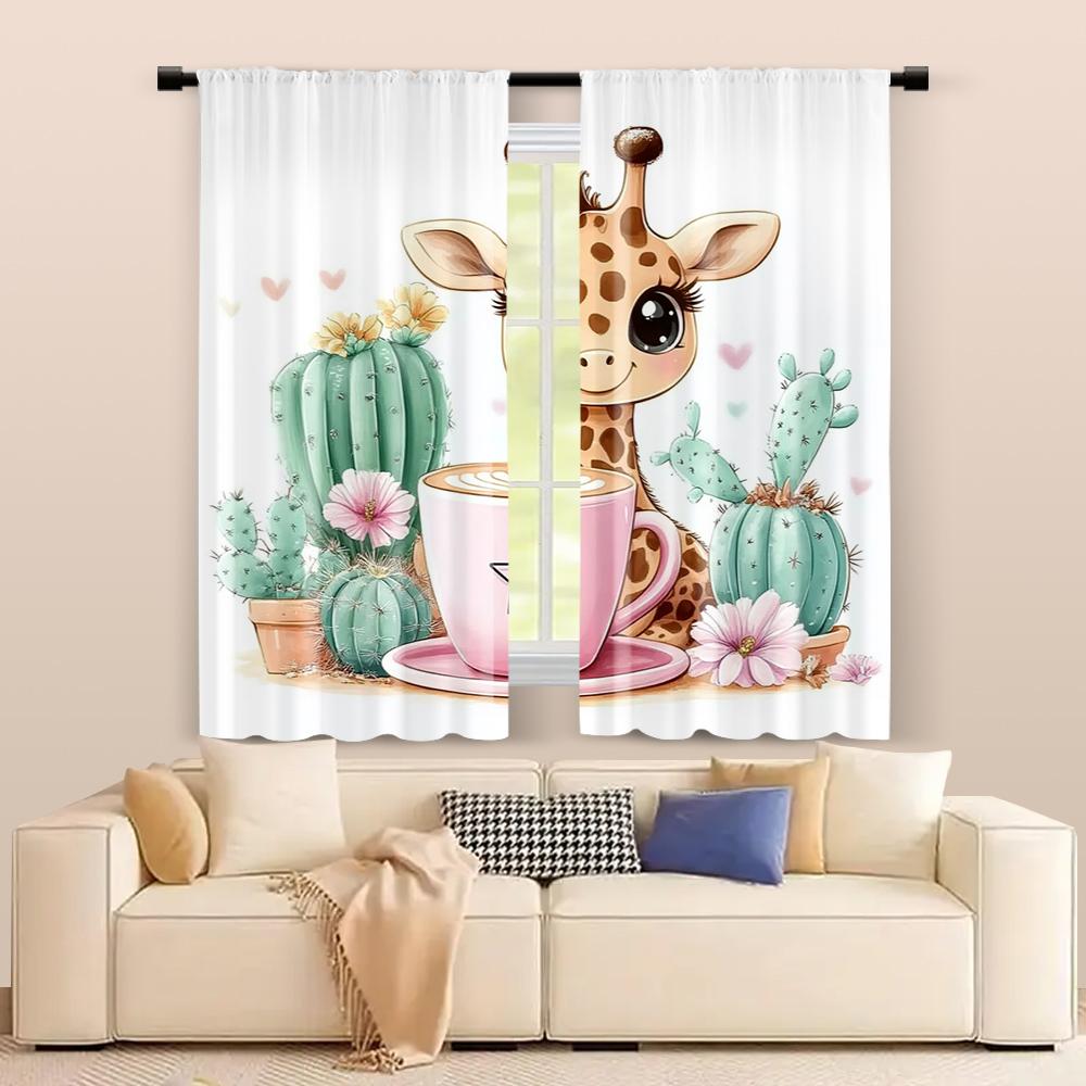 Filtering Curtains Excluding Rods Non Movable Without Batteries Cute Cartoon Giraffe Coffee Design Use Curtain Set Of 2 Made Polyester Washable
