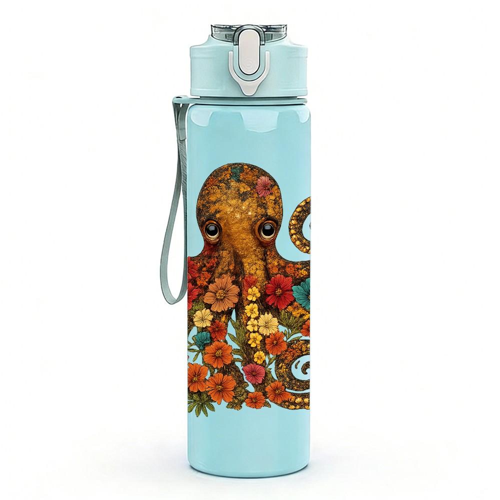 1PC Vintage Octopus Illustration 750ml Color Plastic Sports Water Bottle Leakproof Flip Straw Lid Suitable for Sports Office Home Use