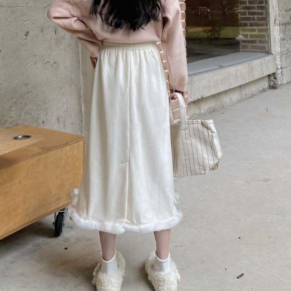 

Bow Corduroy A-line Skirt Plush High Waist Skirt Casual Sweety Skirt Women Fall/Winter