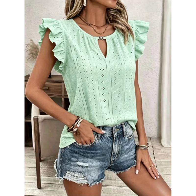 Sommer Damen Polyester Strick Rundhals Rüschenärmel T-Shirt Mit Lockerer Passform Für Freizeitkleidung