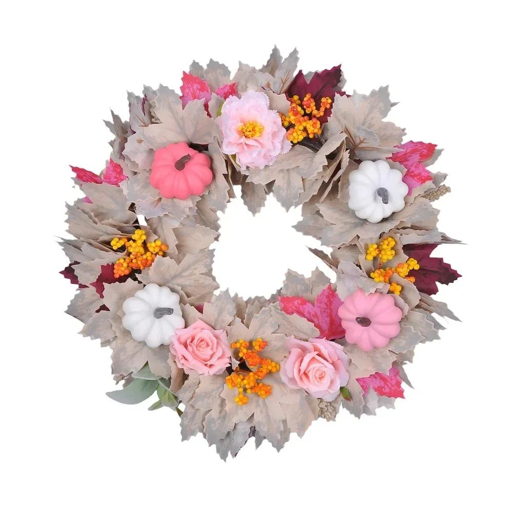1PCS  Fall Wreath With Pumpkins & Silk Flowers Fall Wreath 17.72 Inch Fall Wreath With Pumpkins & Silk Flowers For Autumn Decor