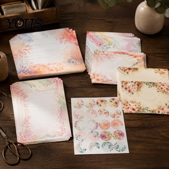 Dreamy Watercolor Theme Paper Letterhead Set, Envelopes Letter And Stickers Handwritten Blessing Note Cards Kit, Correspondence Birthday Messages