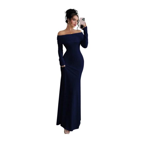 Women Off Shoulder Bodycon Maxi Dress Formal Long Sleeve Evening Gown Ruched Club Party