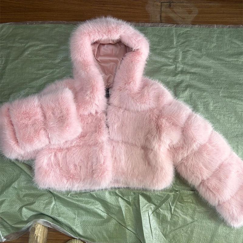Furry Cropped Faux Fur Coats Jackets Women Fluffy Top Coat Hooded Straight Short Winter Fur Jacket Fashion Streetwear