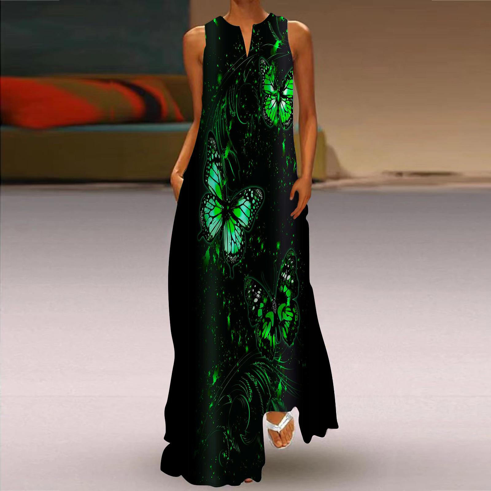 

Жен. Платье А-силуэта Макси Длинный Без рукавов Желтый С принтом бабочки Осень/зима V-образный вырез Ретро Стиль Элегантный XS зелёный