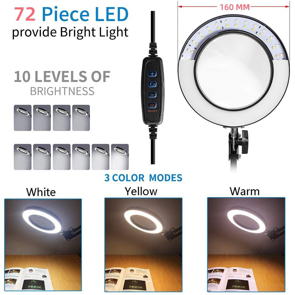 3 Colors LED Magnifying Glass 72LED 8X/10X NEW Illuminated Magnifier USB for Soldering Iron Repair/Table Lamp/Skincare Beauty